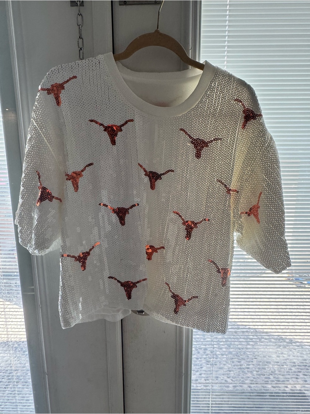 Texas Longhorns White Sequin Pullover Top with Metallic Orange Longhorn Motifs